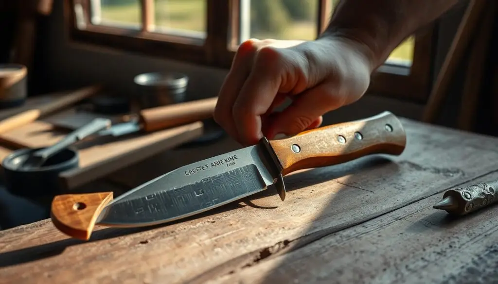 A craftsman's hand meticulously crafting a personalized, artisanal knife on a rustic wooden workbench. The blade is being carefully shaped and polished, with a handle carved from a warm, textured wood. Soft natural lighting illuminates the scene, casting gentle shadows that highlight the intricate details of the knife-making process. The atmosphere exudes a sense of focus, dedication, and the pride of creating a unique, handmade tool. In the background, a window reveals a tranquil outdoor setting, suggesting the knife's future purpose in an environment of nature and self-reliance. A craftsman's hand meticulously crafting a personalized, artisanal knife on a rustic wooden workbench. The blade is being carefully shaped and polished, with a handle carved from a warm, textured wood. Soft natural lighting illuminates the scene, casting gentle shadows that highlight the intricate details of the knife-making process. The atmosphere exudes a sense of focus, dedication, and the pride of creating a unique, handmade tool. In the background, a window reveals a tranquil outdoor setting, suggesting the knife's future purpose in an environment of nature and self-reliance.