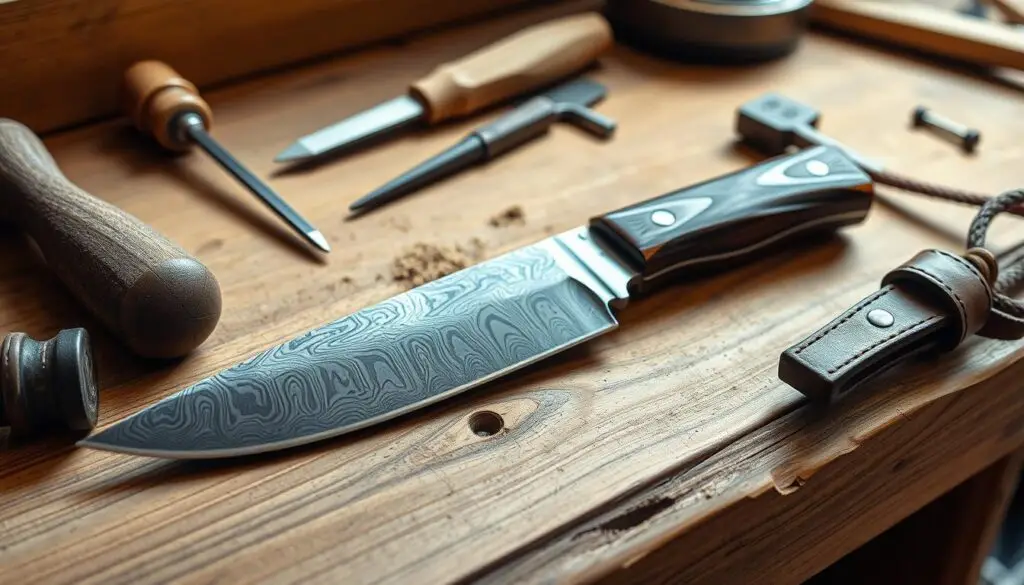 A handcrafted, customized knife resting on a wooden workbench. The blade gleams in the soft, diffused light filtering through a nearby window, its intricate pattern of Damascus steel expertly forged. The handle, carved from a rich, dark wood, features intricate details and a unique design, reflecting the skill and artistry of the maker. The knife is the centerpiece, surrounded by the tools of the trade - chisels, files, and leather straps, all neatly arranged, conveying a sense of craftsmanship and attention to detail. The scene evokes a mood of focused creativity, where the maker's hands have carefully shaped and molded this one-of-a-kind blade. A handcrafted, customized knife resting on a wooden workbench. The blade gleams in the soft, diffused light filtering through a nearby window, its intricate pattern of Damascus steel expertly forged. The handle, carved from a rich, dark wood, features intricate details and a unique design, reflecting the skill and artistry of the maker. The knife is the centerpiece, surrounded by the tools of the trade - chisels, files, and leather straps, all neatly arranged, conveying a sense of craftsmanship and attention to detail. The scene evokes a mood of focused creativity, where the maker's hands have carefully shaped and molded this one-of-a-kind blade.