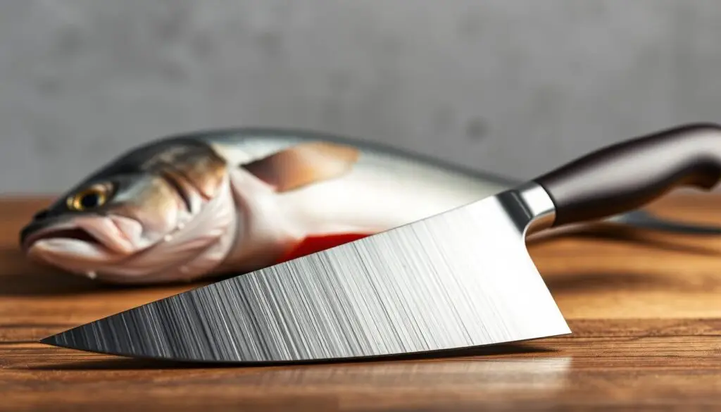 A high-quality stainless steel fish scaler knife resting on a wooden surface, with a freshly caught fish in the background. The blade has a sharp, serrated edge and a comfortable, ergonomic handle. The lighting is soft and diffused, casting gentle shadows and highlights on the knife and fish. The composition is balanced, with the knife in the foreground and the fish in the middle ground, against a blurred, neutral background that allows the subject to stand out. The overall mood is one of functionality and practicality, suited for the task of preparing a fish for cooking. A high-quality stainless steel fish scaler knife resting on a wooden surface, with a freshly caught fish in the background. The blade has a sharp, serrated edge and a comfortable, ergonomic handle. The lighting is soft and diffused, casting gentle shadows and highlights on the knife and fish. The composition is balanced, with the knife in the foreground and the fish in the middle ground, against a blurred, neutral background that allows the subject to stand out. The overall mood is one of functionality and practicality, suited for the task of preparing a fish for cooking.