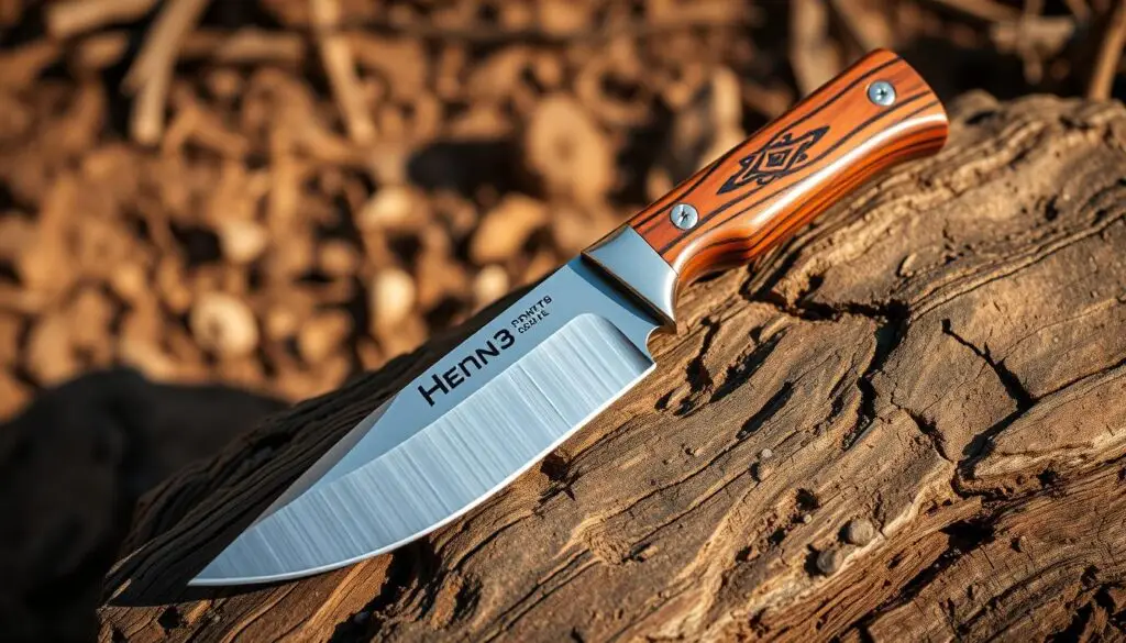 A meticulously crafted, artisanal hunting knife rests on a rugged wooden surface, its blade glistening under warm, natural lighting. The handle, skillfully carved from hardwood, features intricate patterns that showcase the maker's expertise. In the background, a backdrop of earthy tones and textures evokes the rugged wilderness, setting the stage for this reliable and versatile tool. The knife's design is both functional and aesthetically pleasing, embodying the perfect balance between form and function that is essential for the discerning outdoorsman. This image captures the essence of a handcrafted, premium-quality hunting knife, a essential companion for the avid hunter or survivalist. A meticulously crafted, artisanal hunting knife rests on a rugged wooden surface, its blade glistening under warm, natural lighting. The handle, skillfully carved from hardwood, features intricate patterns that showcase the maker's expertise. In the background, a backdrop of earthy tones and textures evokes the rugged wilderness, setting the stage for this reliable and versatile tool. The knife's design is both functional and aesthetically pleasing, embodying the perfect balance between form and function that is essential for the discerning outdoorsman. This image captures the essence of a handcrafted, premium-quality hunting knife, a essential companion for the avid hunter or survivalist.