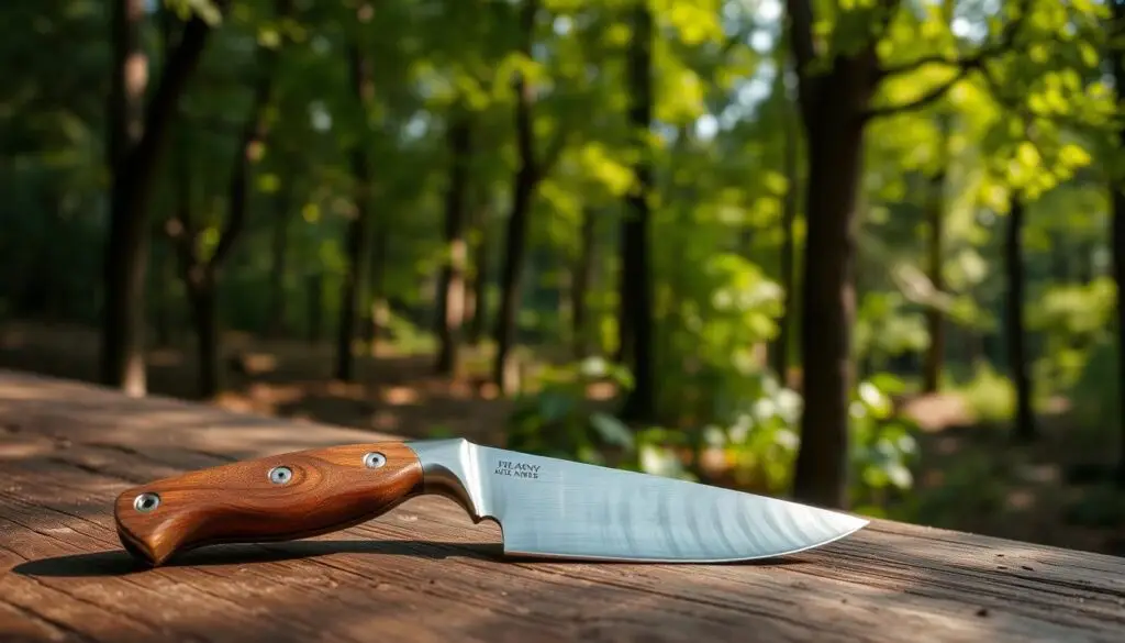 A stainless steel hunting knife lies on a rustic wooden table, its blade gleaming under warm, directional lighting. The handle's contoured grip and guard provide a secure, balanced feel. In the background, a lush forest canopy casts soft, dappled shadows, conveying a sense of tranquility and the great outdoors. The image evokes the precision, craftsmanship, and safety required when handling high-quality hunting and fishing knives. A stainless steel hunting knife lies on a rustic wooden table, its blade gleaming under warm, directional lighting. The handle's contoured grip and guard provide a secure, balanced feel. In the background, a lush forest canopy casts soft, dappled shadows, conveying a sense of tranquility and the great outdoors. The image evokes the precision, craftsmanship, and safety required when handling high-quality hunting and fishing knives.