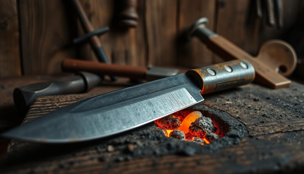 Detailed artisanal handmade knife on a rustic wooden workbench. Close-up view of the blade forging process, with hammered steel and glowing embers. Warm lighting from overhead casts deep shadows, highlighting the texture and craftsmanship. In the background, traditional blacksmithing tools and a simple backdrop of weathered wooden planks. The entire scene evokes a sense of traditional skill, patience, and the maker's personal touch. Detailed artisanal handmade knife on a rustic wooden workbench. Close-up view of the blade forging process, with hammered steel and glowing embers. Warm lighting from overhead casts deep shadows, highlighting the texture and craftsmanship. In the background, traditional blacksmithing tools and a simple backdrop of weathered wooden planks. The entire scene evokes a sense of traditional skill, patience, and the maker's personal touch.